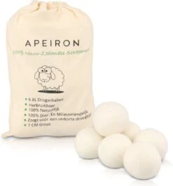 Apeiron Drogerballen - Droogballen - 6 XL Wasbollen - Droger - Duurzaam - Wasmachine - Wasverzachter - Energie Besparen - Zero Waste - Schapenvacht - Wol