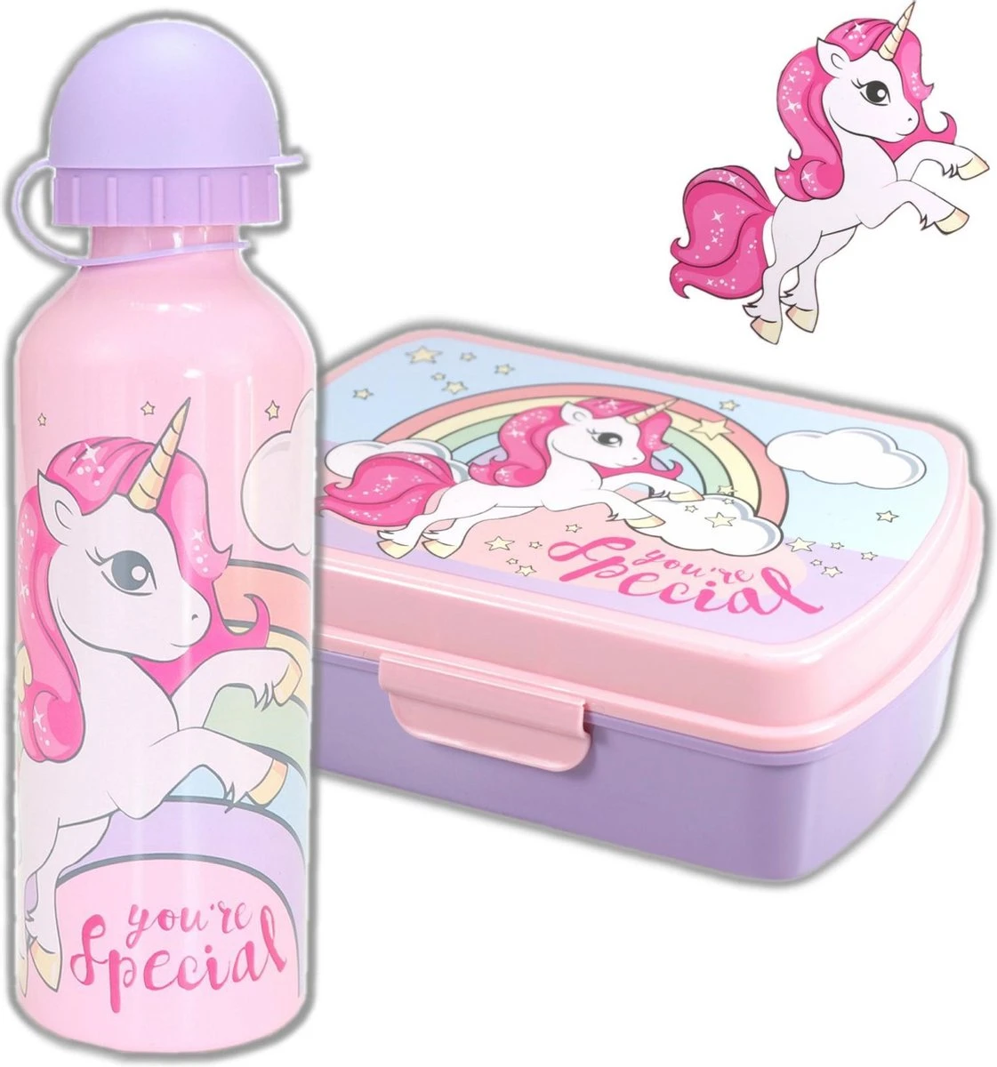 Broodtrommel + Drinkfles Unicorn | Lunchbox Voor Kinderen | Eenhoorn Roze LS03a 3 Broodtrommel + Drinkfles Unicorn | Lunchbox Voor Kinderen | Eenhoorn Roze LS03a