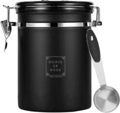 House Of Husk Koffieblik Met CO² Ventilatie - Bewaarblik - Voorraadbussen - Voorraadblik - RVS - Zwart - 1.5 Liter