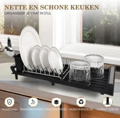 MIRI Afdruiprek – Afwasrek – Uitschuifbaar – Met Lekbak In Gootsteen – Afwas – Roestvrij Staal – Zwart -Huishoudelijke Artikelen Winkel 1200x1183 4