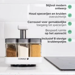 Coninx Kruidenrek Staand - Draaiend Kruidenrek Met Glazen Potjes - Kruidencarrousel Draaibaar - 8 Kruidenpotjes - Wit / RVS -Huishoudelijke Artikelen Winkel 1200x1200 1040