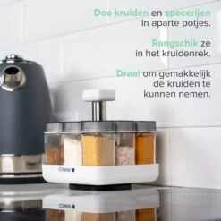 Coninx Kruidenrek Staand - Draaiend Kruidenrek Met Glazen Potjes - Kruidencarrousel Draaibaar - 8 Kruidenpotjes - Wit / RVS -Huishoudelijke Artikelen Winkel 1200x1200 1042