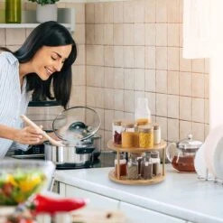 Merkloos Decopatent® Kruidenrek / Fruitschaal Bamboe - Rond - Kruiden Carrousel - Draaibaar - Staand Bamboe Specerijenrek Draaiplateau - Fruitrek -Huishoudelijke Artikelen Winkel 1200x1200 1102