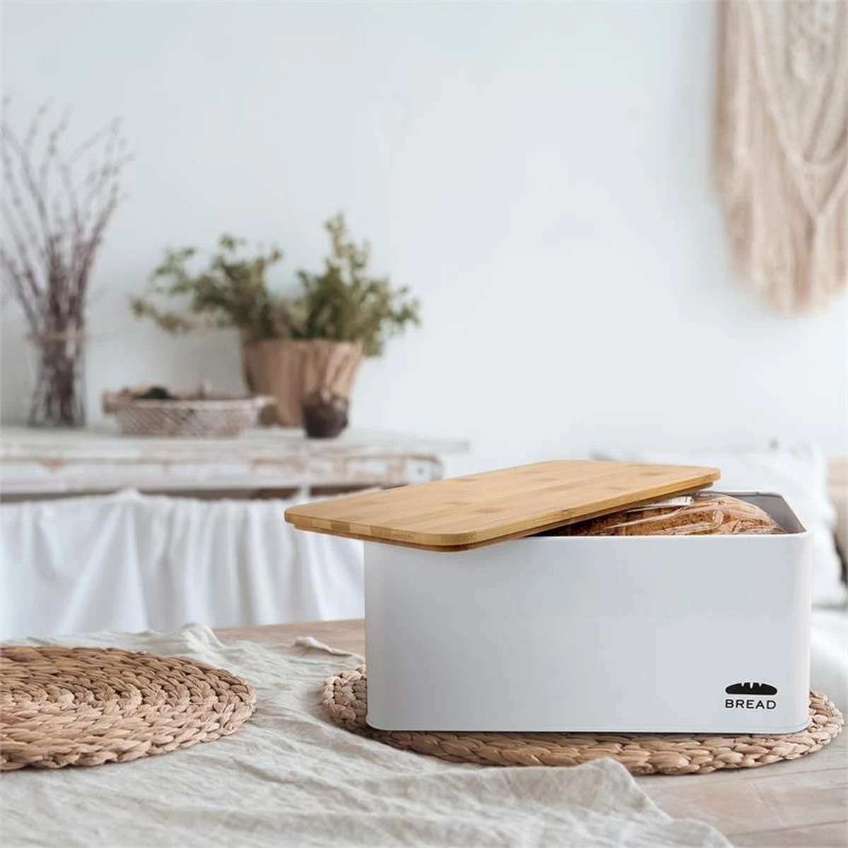 Oklahoma Broodtrommel Metaal 35,5x15,5x23 Cm Bamboe Deksel Snijplank 5 Oklahoma Broodtrommel Metaal 35,5x15,5x23 Cm Bamboe Deksel Snijplank - Afbeelding 3