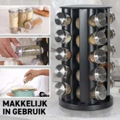 Merkloos Draaibaar Kruidenrek Met 20 Kruidenpotjes - Kruidenrek Staand - Aanrecht Organiser - Glazen Potjes Met Deksel - Inclusief 32 Etiketten En 1 Uitwisbare Stift - Ronde Afwerking - Zwart -Huishoudelijke Artikelen Winkel 1200x1200 999