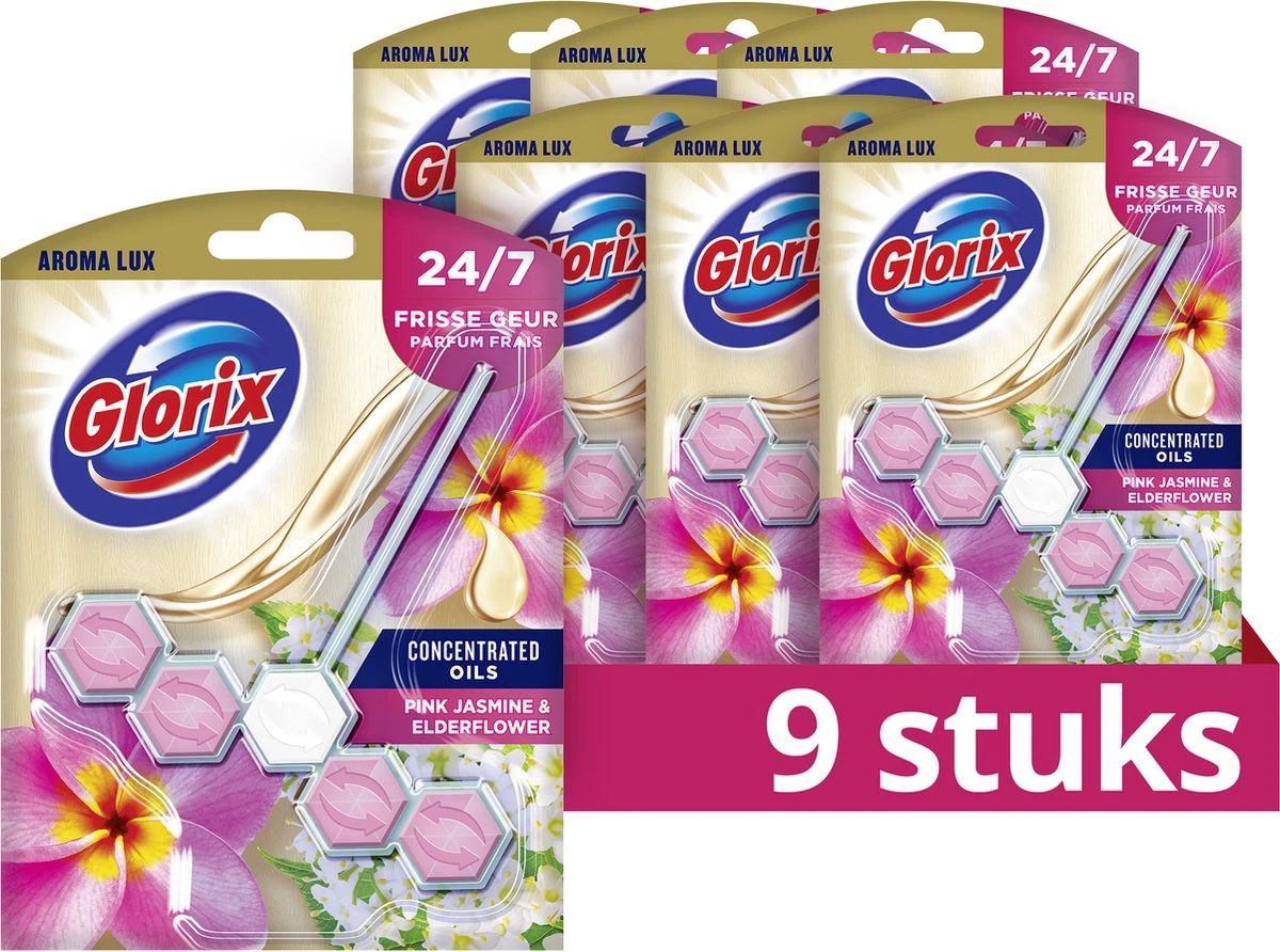 Glorix Aroma Lux Pink Jasmine & Elderflower Toiletblokken - 9 Stuks - Voordeelverpakking 3 Glorix Aroma Lux Pink Jasmine & Elderflower Toiletblokken - 9 Stuks - Voordeelverpakking