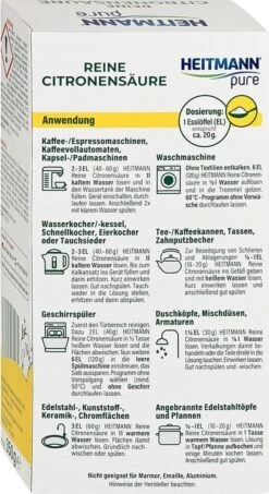 HEITMANN Pure Ontkalker- Citroenzuur Ontkalker, Natuurvriendelijke Kalkreiniger Voor Een Hygiënische Reiniging - Poeder, 1x 350 G -Huishoudelijke Artikelen Winkel 654x1200